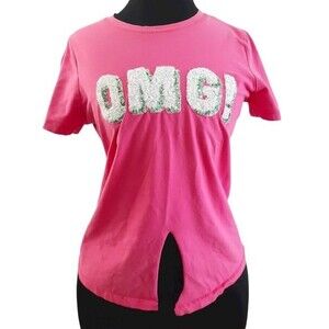 Maybe Wang Pink White OMG Sequins Split Front Woman's Tee Medium